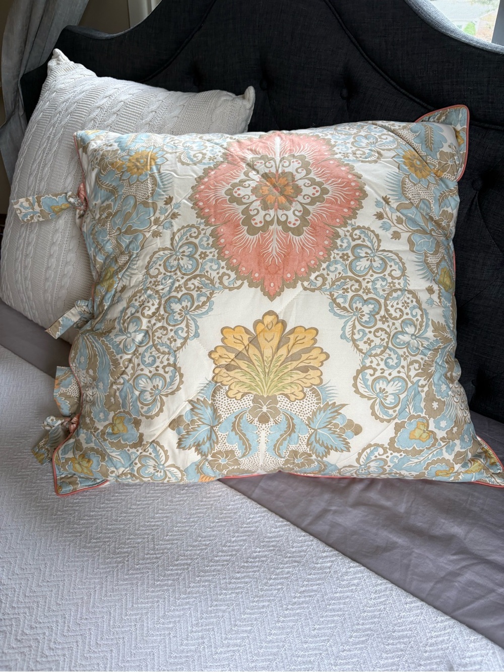 Pottery Barn Quilted Floral Euro Sham in Cream, Blue & Coral